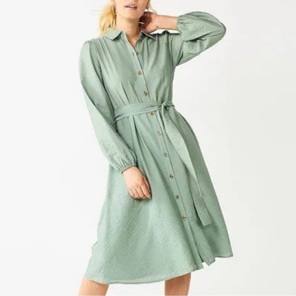 Nine West women’s sage green collar button shirt dress w/belt size large 10 12 - Picture 1 of 5